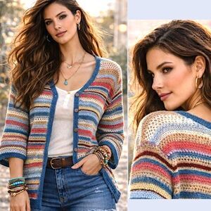 NWT JM Collection Crochet Cardigan 3X Boho Festival  Knit Multi Stripe Sweater